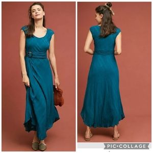 Moulinette Soeurs Anthropologie Guinevere Teal Maxi Dress Belted Textured 02